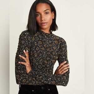 Veronica Beard Frenso turtleneck ruched cinched Black floral long sleeve Top